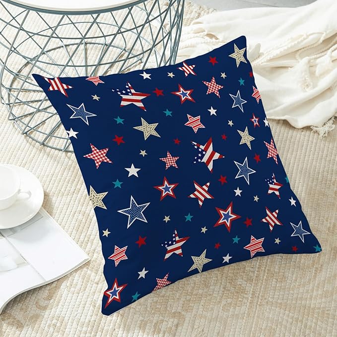 4th of July Pillow Covers 16 x 16 Inch, Blue Red Patriotic Stripes Star Decor Throw Pillows for Couch Bed, American Flag Independence Day Decorative Pillowcase Linen Cushion Cover Set of 2