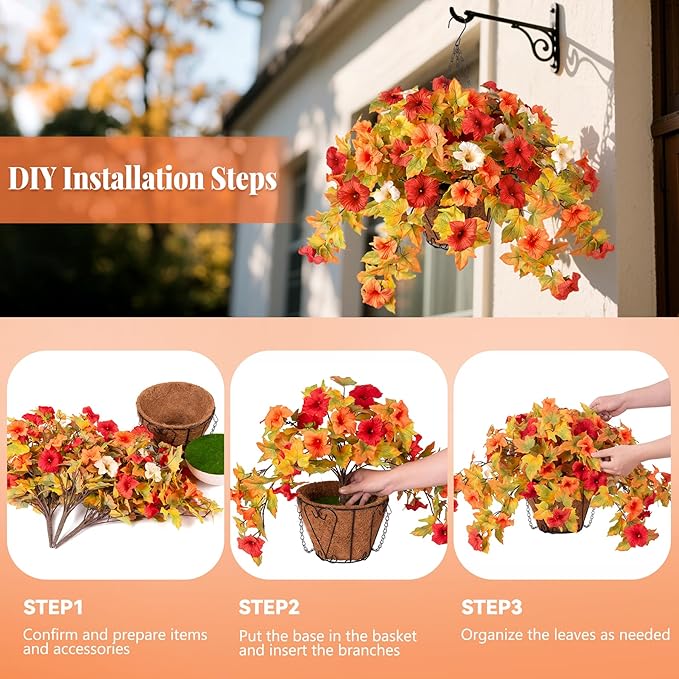 Artificial Fake Fall Flowers with Hanging Basket Plants for Outdoor Decoration, Silk Faux Flower UV Resistant Petunias for Home Porch Patio Garden Balcony Yard Decor Real Looking(Orange White)