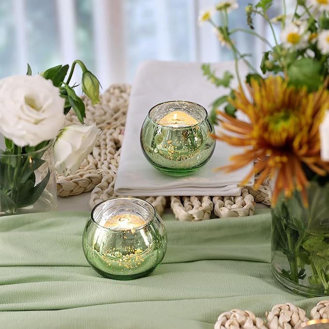 Volens Round Green Votive Candle Holders Set of 12, Green Wedding Centerpiece Table Decorations, Mercury Glass Tealight Candle Holder for Bridal Shower, Baby Shower & Home Decor