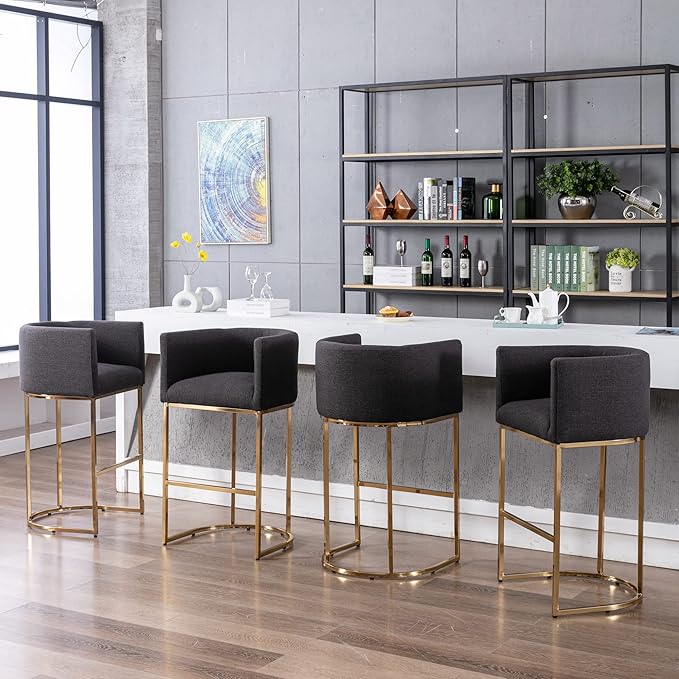 Modern Counter Height Linen Upholstered Bar Stool, 32" Kitchen Counter Island Stool Bar Chairs with Gold Metal Frame for Kitchen Island, Charcoal
