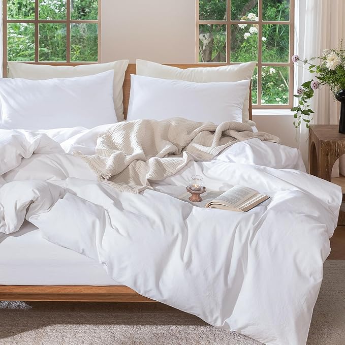 MooMee Bedding Duvet Cover Set 100% Washed Cotton Linen Like Textured Breathable Durable Soft Comfy (Solid Bright White, Super King 108"x98")