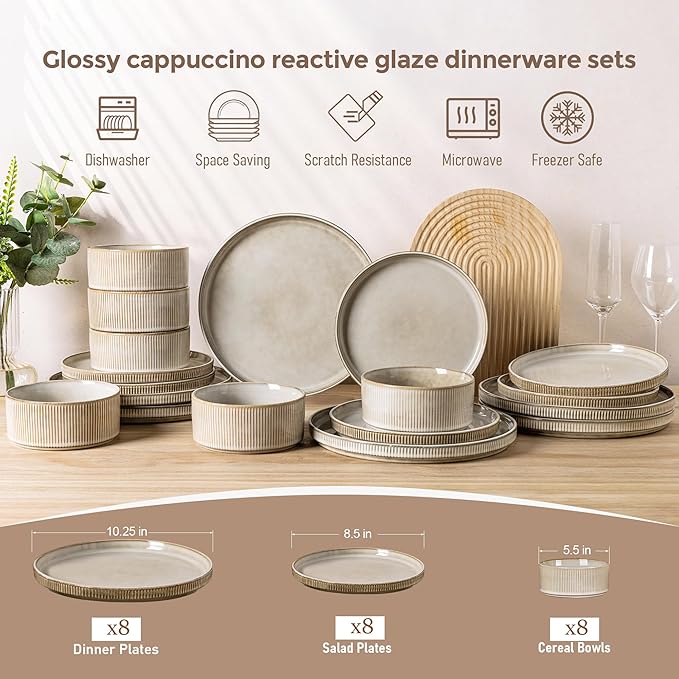 GBHOME Stoneware Dinnerware Sets for 8,Round Reactive Glaze Ceramic Plates and Bowls Set,Highly Scratch Resistant| Dishwasher & Microwave Safe Dishes Set,Service for 8(24pc)