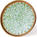 13.8 in Round Rattan Tray with Mother of Pearl Inlay, Wicker Serving Tray Mother for Decor, Rattan Round Wicker Coffee Table Tray for Coffe Friut Bread, Green Leaf