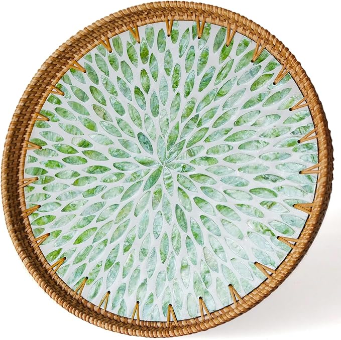 13.8 in Round Rattan Tray with Mother of Pearl Inlay, Wicker Serving Tray Mother for Decor, Rattan Round Wicker Coffee Table Tray for Coffe Friut Bread, Green Leaf
