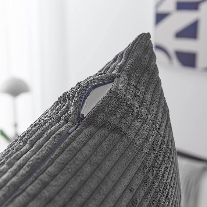 Home Brilliant Pillow Cover 26 x 26 Soft Striped Corduroy Decorative Euro Throw Pillow Sham for Couch, 66x66 cm, Dark Grey