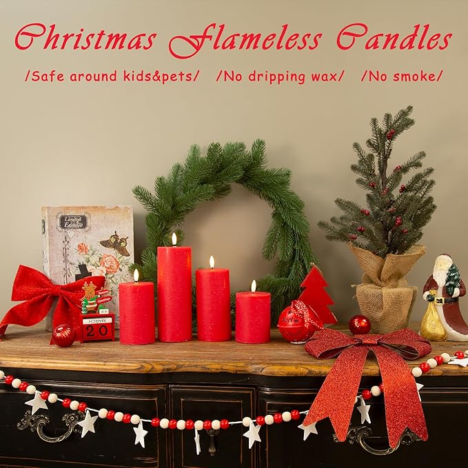 LUSHABOR Flameless Candles, 4 Pack Battery Operated Candles with Remote, Real Wax LED Fake Candles with Timer Flickering for Christmas Wedding Home Party D3 H 5" 6" 7" 9" Red