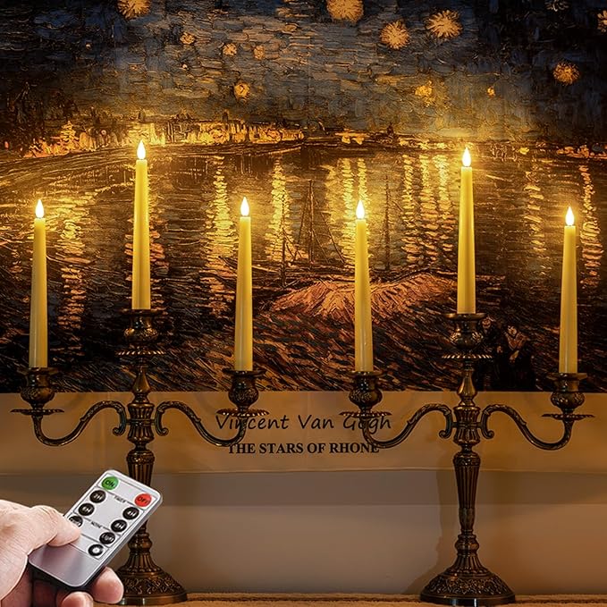 Homemory 3 Pcs Waxy Flameless Taper Candles with Remote, Flickering Battery Operated Classic Tall Candles for Home, Wedding, Party, Ivory, 9.6 inches