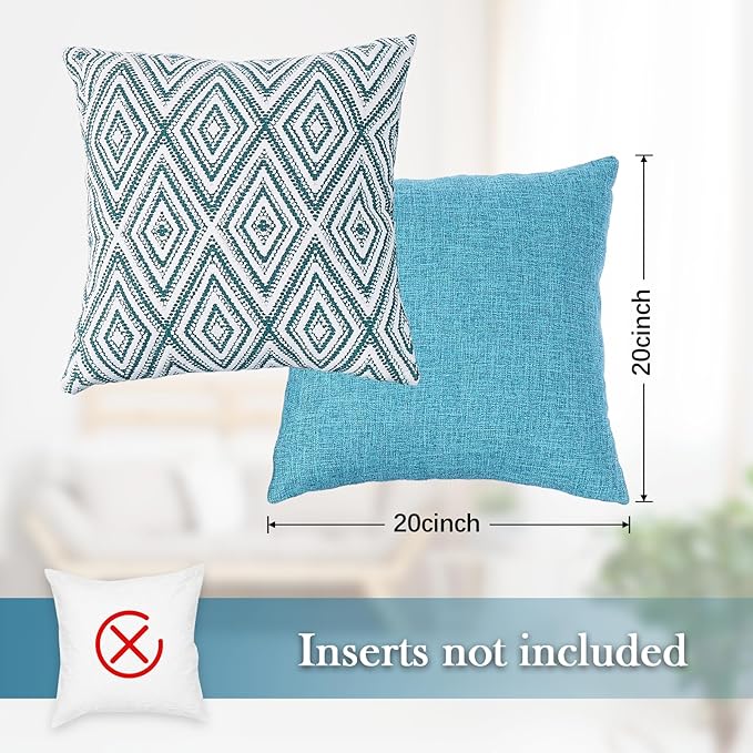 HPUK Decorative Throw Pillow Covers Set of 4 Geometric Design Linen Cushion Cover for Couch Sofa Living Room, 20"x20" inches, Aqua Blue
