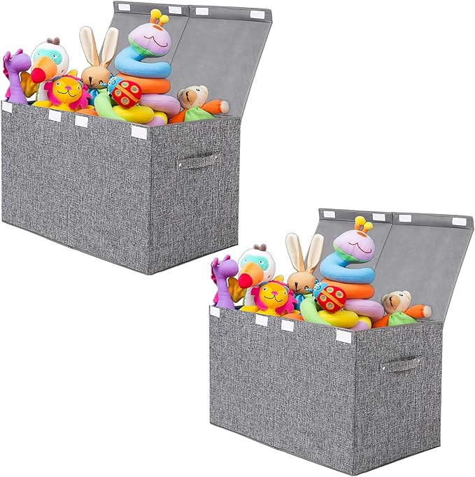 popoly 2 Pack Large Toy Box Chest with Lid, Collapsible Sturdy Toy Storage Organizer Boxes Bins Baskets for Kids, Boys, Girls, Nursery, Playroom, 25"x13" x16" (Linen Gray)