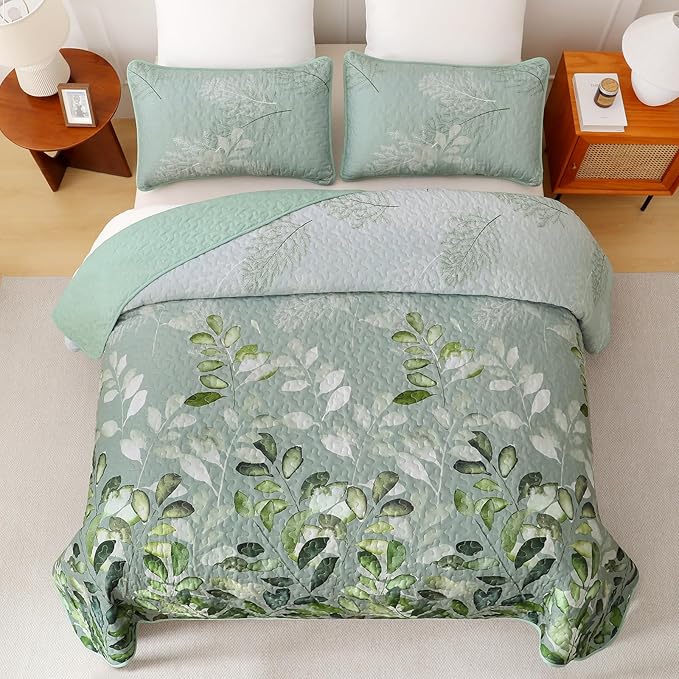 WONGS BEDDING Green Quilt Set Queen Size,3 Pieces Green Floral Bedspread Coverlet Set, Soft Microfiber Lightweight Floral Bedding Set Queen 96"×90"