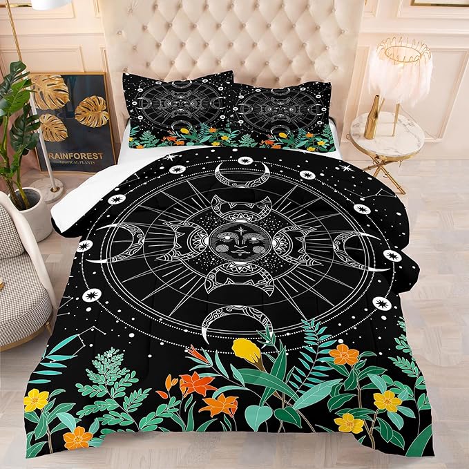 Tailor Shop Celestial Bedding Queen Size,Sun and Moon Bedding for Boys Girls Kids Teens,Galaxy Comforter,Gothic Comforter Witchy Comforter Boho Exotic Black Bed with 2 Pillowcases, Yh-sun and Moon 19