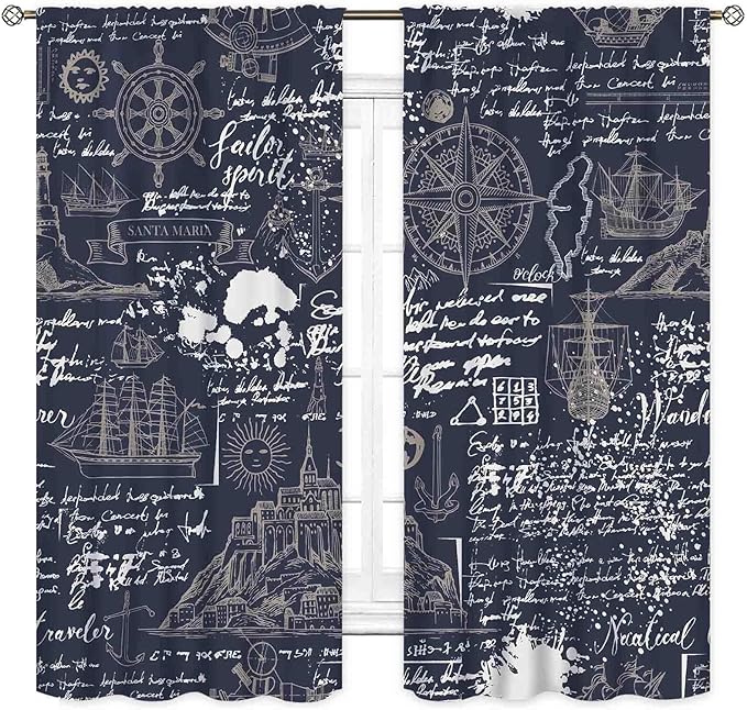 Vintage Nautical Curtains, Marine Coastal Sailboat Compass Anchor Ocean Beach Old Pirate Map Navy Blue Blackout Retro Drapes for Bedroom Living Room Kitchen Bathroom Window 2 Panels, 52"x84" Inch