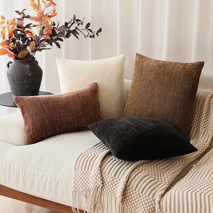 Foindtower Set of 2 Soft Textured Chenille Throw Decorative Pillow Covers Square Accent Solid Cushion Cover Cozy Neutral Farmhouse Pillow Case for Couch Sofa Bedroom Living Room 20x20 Inch,Dark Bronze