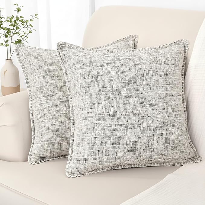 16x16 Pillow Covers Cream White & Black Set of 2, Decor Pillow Covers Square, Textured Soft Chenille Deco Cushion Covers with Trim Edge, Decorative Modern Pillows Cases for Couch Living Room Sofa