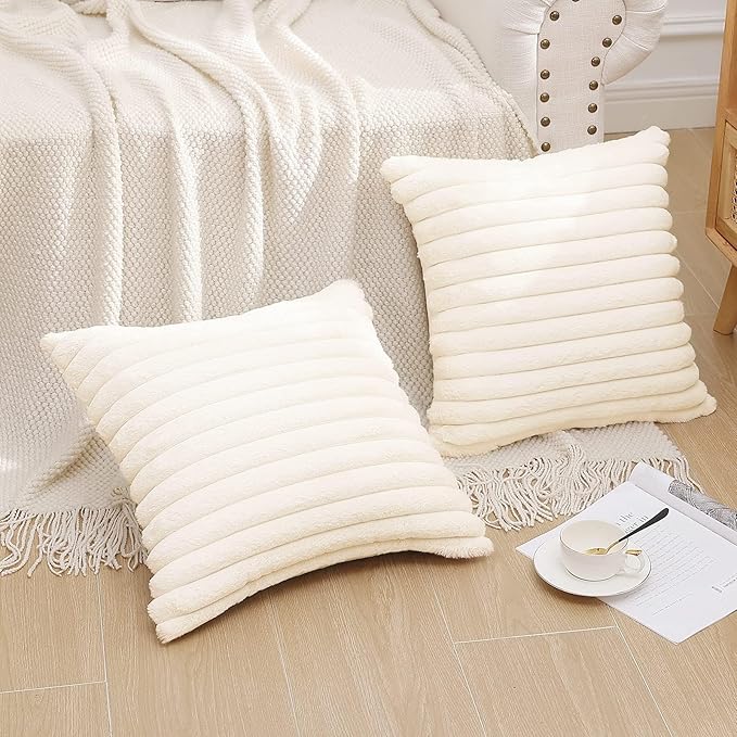 Pallene Faux Fur Plush Christmas Throw Pillow Covers 26x26 Set of 2, Luxury Soft Fluffy Striped Decorative Pillow Covers for Sofa, Couch, Living Room, Cream White