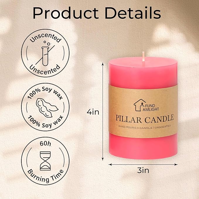 3x4 Inch Pink Pillar Candles Set of 3-Decorative Unscented Pillar Candle, Long Burning Dripless Candles for Table Decor, Smokeless Large Pillar Candle for Wedding Table, Dinner, Valentines Decor