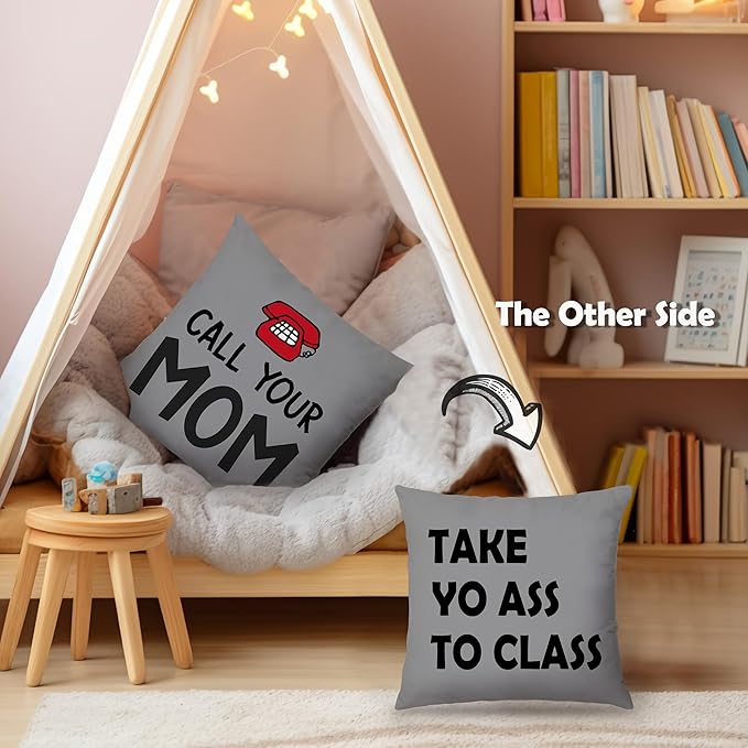 College Dorm Decor, Funny Call Your Mom Pillow Covers 18x18 Double-Sided, Back to School Gifts for Students, Gifts for College Students Girls Boys Freshmen, Dorm Room Accessories（Grayness）