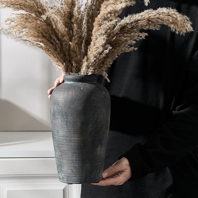 Large Ceramic Rustic Vase, 11 inch Minimalist Decorative Farmhouse Tall Vase for Home Decor, Living Room, Shelf Decor, Enterway, Wedding, Table Decoration, Bronze