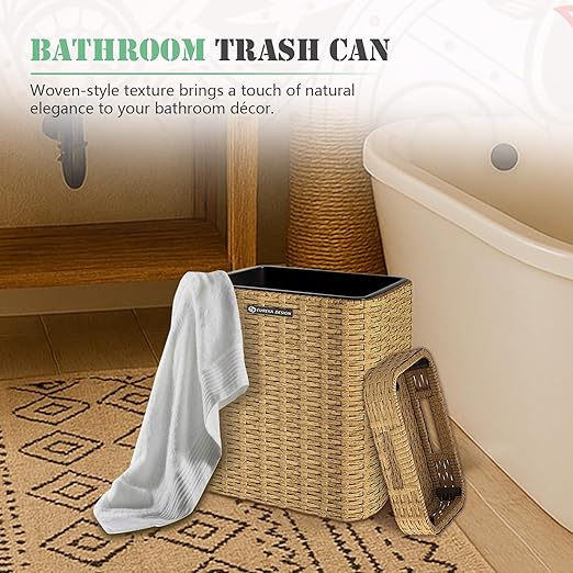 Ypati Rattan Trash Can with Lid, Wicker Bathroom Garbage Bin with Removeable Liner, 4 Gallon Small Waste Basket for Home, Outdoor Patio, Dorm, Office, Boho Decor, with Trash Bags, Tan Yellow, Eureka