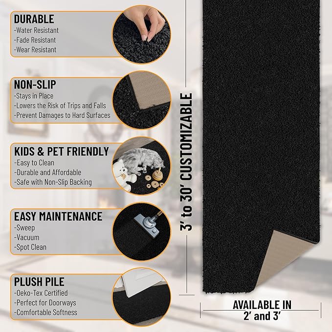 Ottomanson 2' x 2' Shaggy Area Rug - Plush & Cozy Non-Slip Carpet for Bedroom, Living Room & Nursery - Non Shedding & Durable for High-Traffic Areas, Black