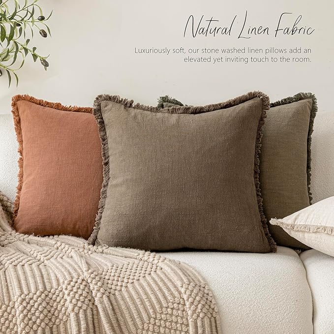 Foindtower Set of 2 Decorative Linen Fringe Lumbar Throw Pillow Covers Boho Farmhouse Cushion Cover with Tassels Soft Accent Pillowcase for Couch Sofa Bed Living Room Home Decor,12×20 Inch,Light Brown