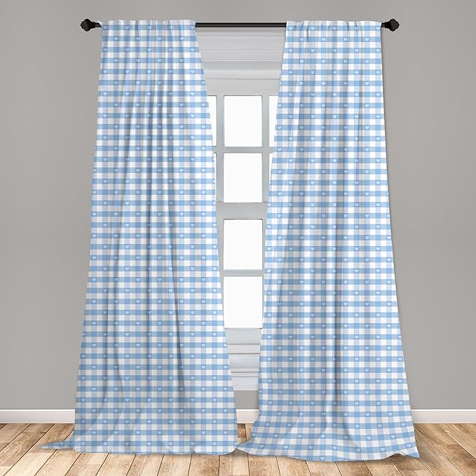 Ambesonne Checkered Curtains, Gingham Motif with Little Hearts Pastel Blue Shower Theme, Window Treatments 2 Panel Set for Living Room Bedroom, Pair of - 28" x 63", Blue
