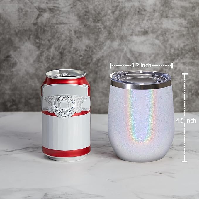 MEWAY Stemless 12 OZ Wine Tumbler Glasses with Lid -Insulated Double Wall Vacuum Stainless Steel Glitter Tumbler with Straw,for Woman Under 10 dollars (Rainbow White,1)