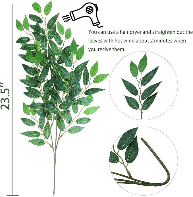 GREENTIME 6 Pack Artificial Italian Ruscus Greenery Stems 23.5'' Faux Green Leaf Bouquet for Vase Bridal Wedding Table Centerpiece Decor
