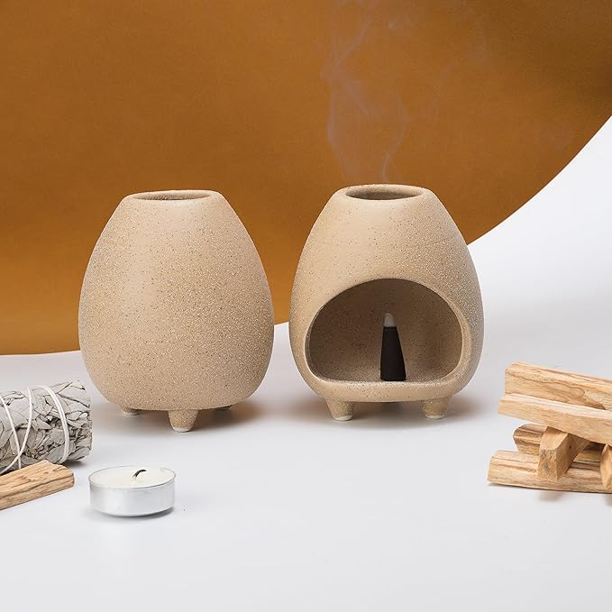 Palo Santo Holder Burner, Handcrafted Ceramic Incense Holder Burner and Ash Catcher for Palo Santo Sticks or sage Bundles, Smudge Bowl, Meditation Home Decor(Beige)