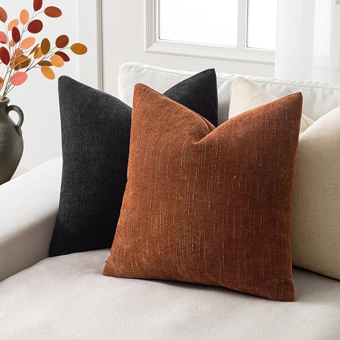 Woaboy Set of 2 Textured Throw Pillow Covers Decorative Soft Accent Chenille Fall Pillowcases Neutral Farmhouse Cushions Modern Home Decor for Couch Sofa Bedroom Living Room 22x22 Inch,Brown Rust