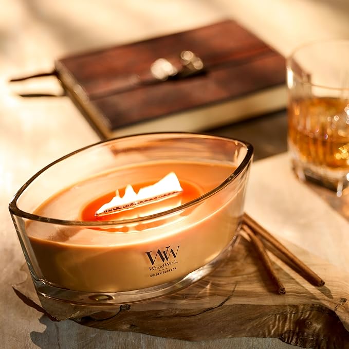 WoodWick Golden Bourbon Scented Ellipse Candle, Crackles as it Burns, Great for Gifting, Up to 40 hrs Burn Time, 16 oz