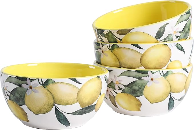 Bico Lemon Dreams Cereal Bowls Set of 4, 26 oz Deep Ceramic Soup Bowls for Cereal, Salad, Noodles, Kitchen, Microwave and Dishwasher Safe, Gift for Housewarming and Thanksgiving