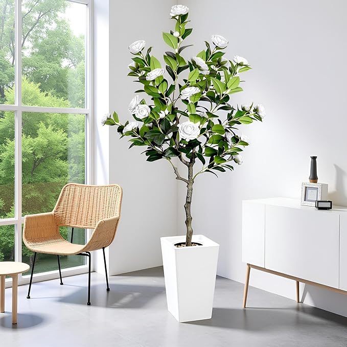 5Ft Artificial Camellia Tree in White Pot, White Faux Plant Indoor Outdoor (61"), Tall Flower Plant for Porch & Living Room Office Decor