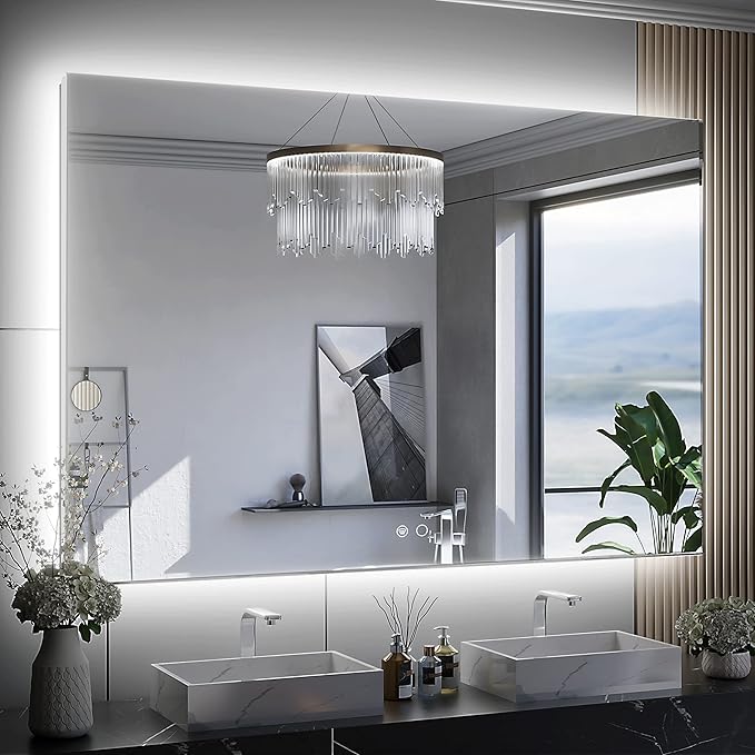 Keonjinn Backlit Mirror Bathroom 48” x 30”, Anti-Fog Mirror with Lights, CRI90+ HD Tempered Glass, Waterproof, UL Listed, Stepless Dimmable LED Mirrors for Bathroom, High Lumen, 6000K Bright