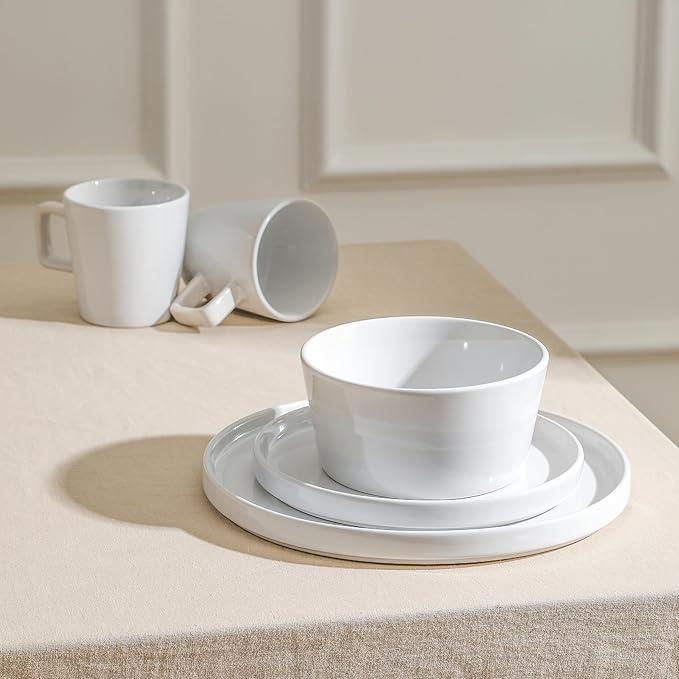 Stone Lain Celina Modern Stoneware 16-Piece Dinnerware Set, Plates and Bowls Set, White Glossy, Dish Set Service For 4