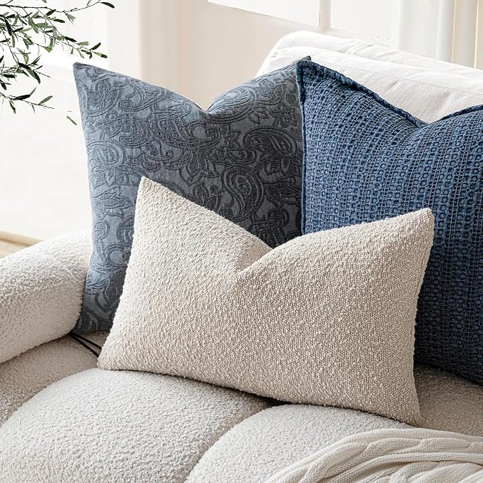 Foindtower Textured Boucle Throw Pillow Covers Accent Solid Lumbar Pillow Cases Cozy Soft Decorative Couch Cushion Case for Chair Sofa Bedroom Living Room Home Decor, 12 x 20 Inch,Light Beige