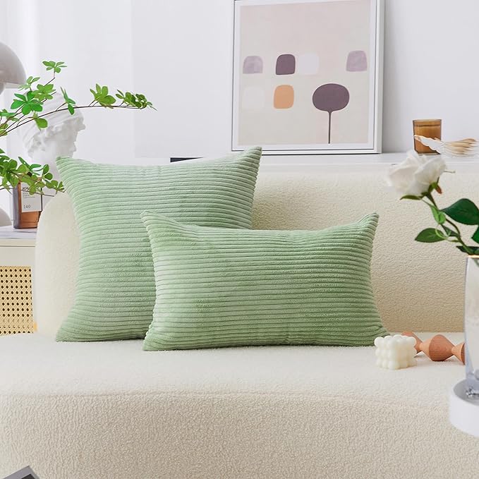 Home Brilliant Euro Sham Spring Pillow Cover 26 x 26 Solid Plush Corduroy Striped Square Cushion Cover Decorative for Living Room Decor, 26x26 inches (66cm), Sage Green.
