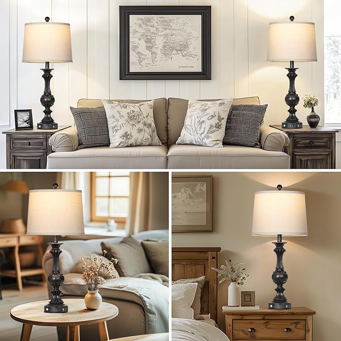 28" Farmhouse Table Lamps Set of 2, Retro Lamps for Living Room with USB C+A Ports & AC Outlet, 3 Way Touch Control Resin Bedside Lamp, Rustic Bedroom Lamp for Nightstand Side End Table Desk, Black