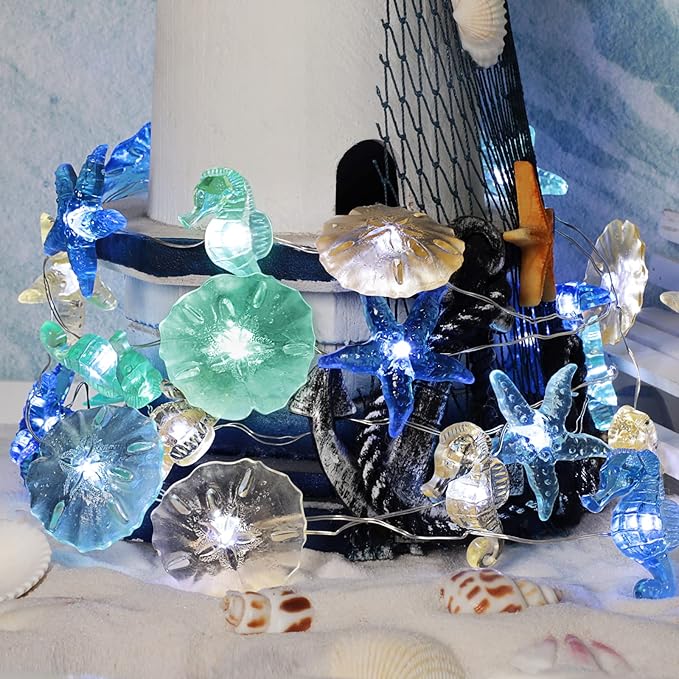 Impress Life Ocean Theme String Lights, Beach Decor Starfish Seahorse Sand Dollars Nautical Decorative Lights Battery & USB Plug In with Remote 10 ft 30 LEDs for Covered Outdoor Bedroom Birthday Party