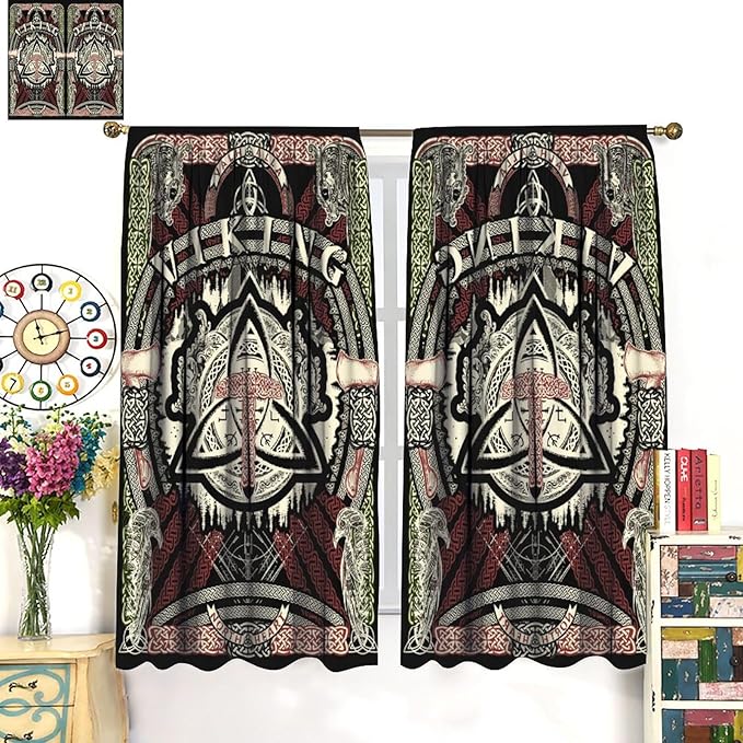 Viking Curtains Nordic Mythology Rune Weapon Antique Viking Pirate Crow Art Pattern Printed Curtains Bedroom Living Room Decoration Blackout Curtains W84 * L84 Inch