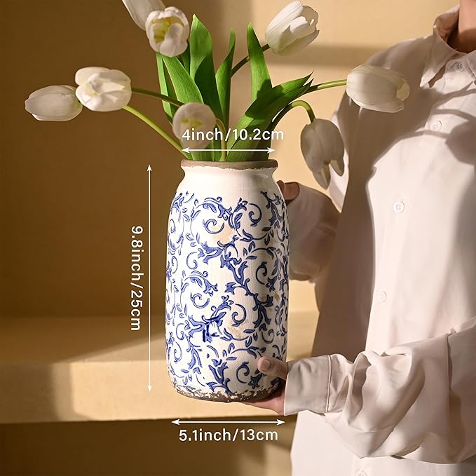 VICTOR & TERESA Rustic Large Blue and White Vase for Home Decor, 10'' Tall Ceramic Vases for Flowers, Farmhouse Decorative Vases for Pampas Grass,Table, Mantel, Living Room, Centerpieces
