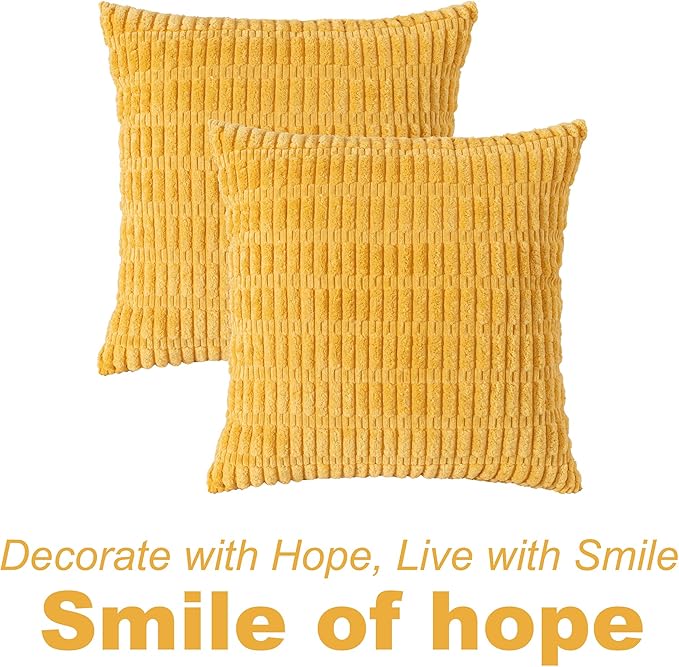 Mustard Yellow Corduroy Decorative Throw Pillow Covers 20x20 Inch Set of 2 Soft Striped Boho Couch Pillow Covers Spring Modern Farmhouse Home Decor for Sofa Neutral Living Room Bed