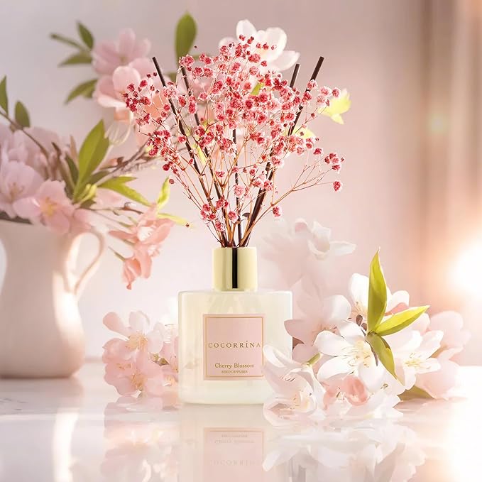 COCORRÍNA Reed Diffuser - Cherry Blossom 6.7 Fl.oz Reed Diffuser Set with Sticks & Preserved Baby's Breath, Reed Diffuser for Home Bathroom Shelf Decor