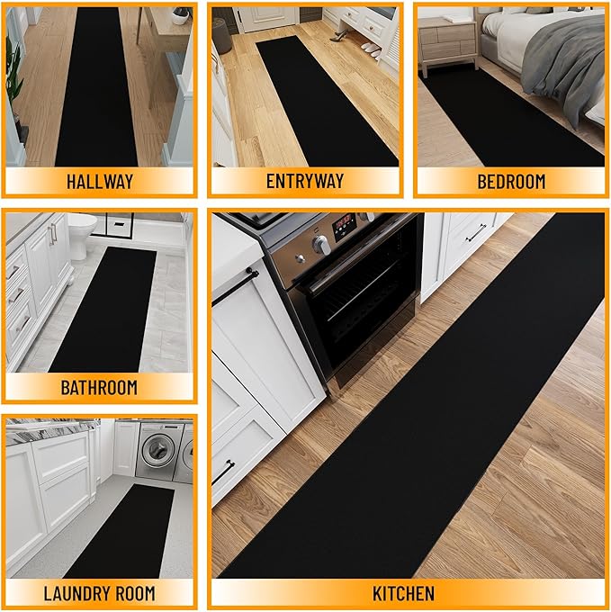 Ottomanson 2x28 Non Slip Extra Long Hallway Runner Rug with Rubber Backing - Solid Modern Kitchen Rug for Bedroom or Living Room, Black, 2' x 28'