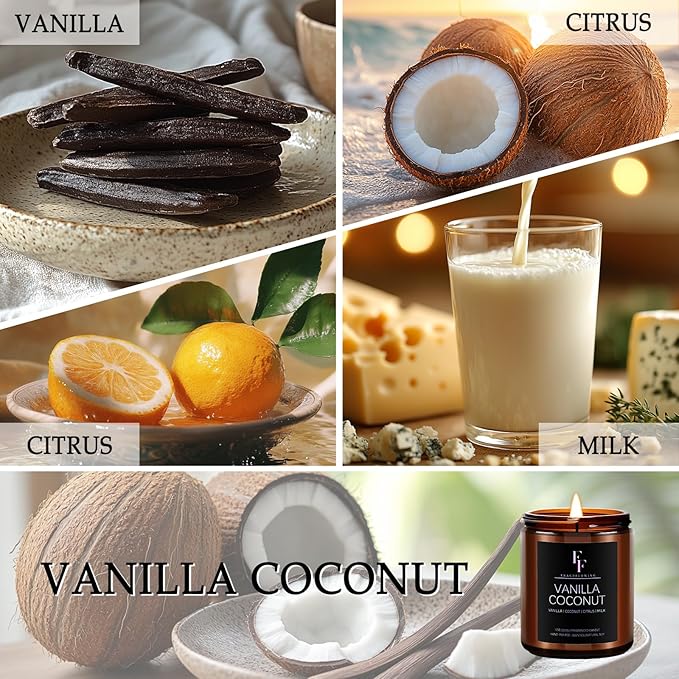 Vanilla Coconut Candle, Scented Candle for Home Soy Wax Candle, Aromatherapy Candle Gift for Women Men, 7oz