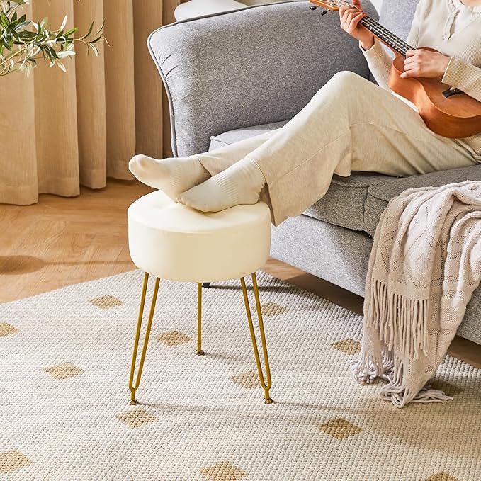 IBUYKE Faux Leather Round Footrest Stool, Makeup Vanity Stool Side Table, PU Dressing Table Seat, Pouf Couch Stool, Golden Steel Legs, White LG-31W