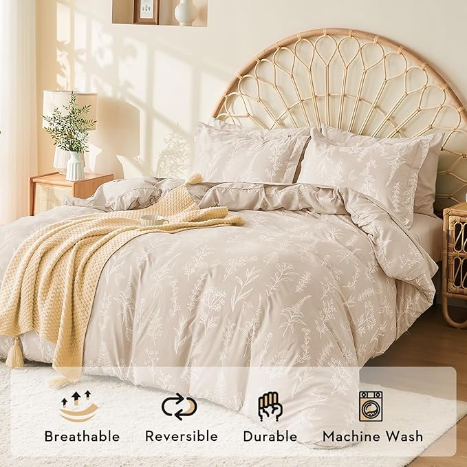 MUXHOMO Beige Full Comforter Set, Elegant Floral Print Bed in a Bag 7 Pieces, Ultra Soft & Breathable Reversible Botanical Pattern Bedding Set with Comforter, Sheets, Pillowcases, and Shams