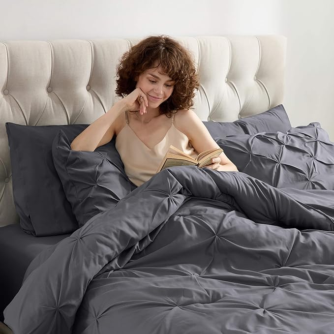 Nestl California King Comforter Set 7 Piece - Pintuck Cal King Comforter Set Dark Grey, California King Bed in a Bag, All Season Bed Set with Flat Sheet and Fitted Sheet, Pillowcases and Shams
