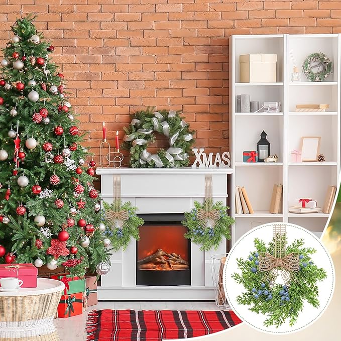 8 Pcs Small Vintage Christmas Cabinet Wreath Artificial Blue Berry Mini Kitchen Wreaths with Retro Burlap Ribbon for Farmhouse Rustic Home Front Door Window Wedding Chair Wall