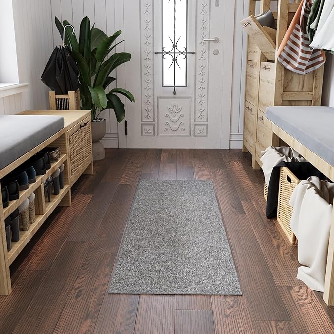 Ottomanson 2'7" x 10' Ultra-Thin Hallway Runner Rug - Durable Non-Slip Carpet for High-Traffic Areas - Fits Under Doors for Seamless Entry - Ideal for Kitchen, Entryway, Bedroom & Living Room, Gray